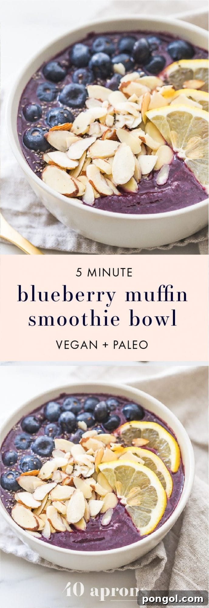 This blueberry muffin smoothie bowl is sweet with a touch of lemon and vanilla, just like a blueberry muffin! This blueberry smoothie bowl takes only 5 minutes and is paleo and vegan. With only 5 ingredients, you'll get addicted to this blueberry muffin smoothie bowl! You'll love this vegan smoothie bowl (or is it a paleo smoothie bowl? Or maybe just an easy smoothie bowl?! You decide)!