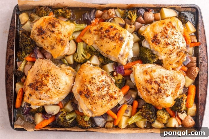 Flavorful One-Pan Chicken Dinner 9 Roasted chicken thighs topped with garlic butter sauce arranged atop a bed of vegetables on a sheet pan.