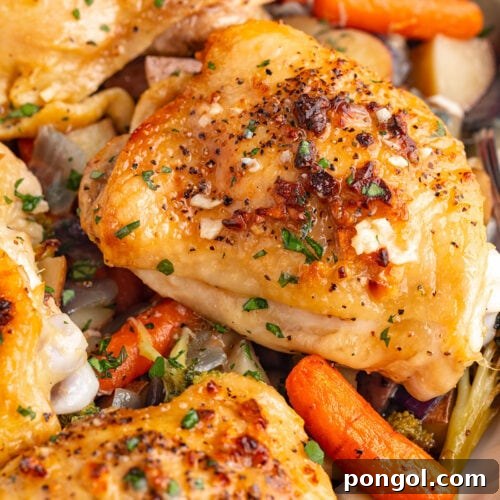 Flavorful One-Pan Chicken Dinner 4 Chicken thighs and roasted vegetables on a sheet pan, fresh out of the oven.