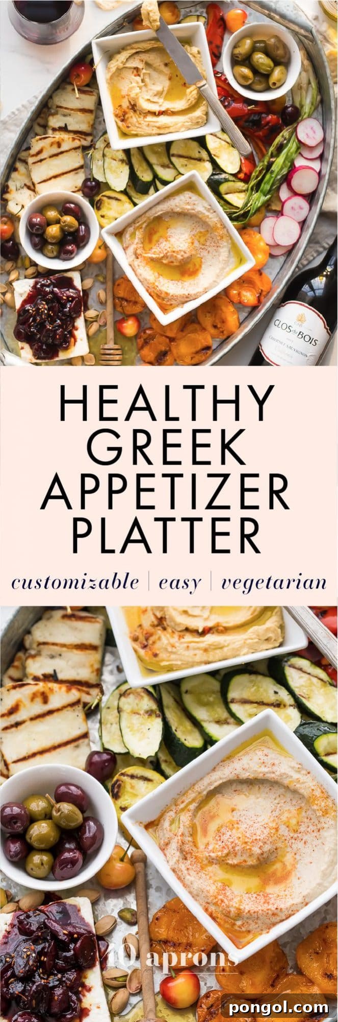 A beautifully arranged healthy Greek appetizer platter featuring a variety of grilled vegetables, feta, olives, and fresh fruit, perfect for entertaining
