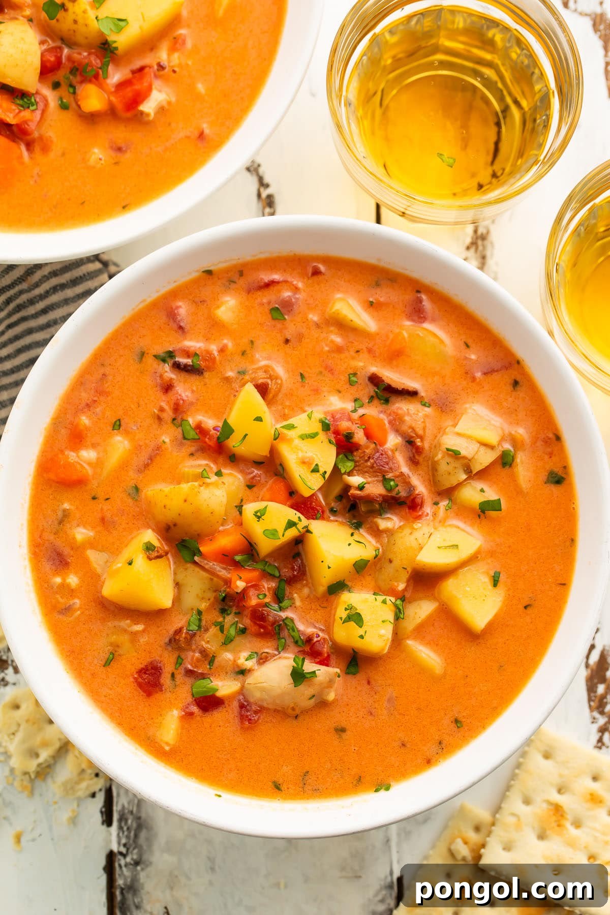 Overhead view of Manhattan clam chowder in a large white soup bowl with chunks of diced potatoes and chopped clams.