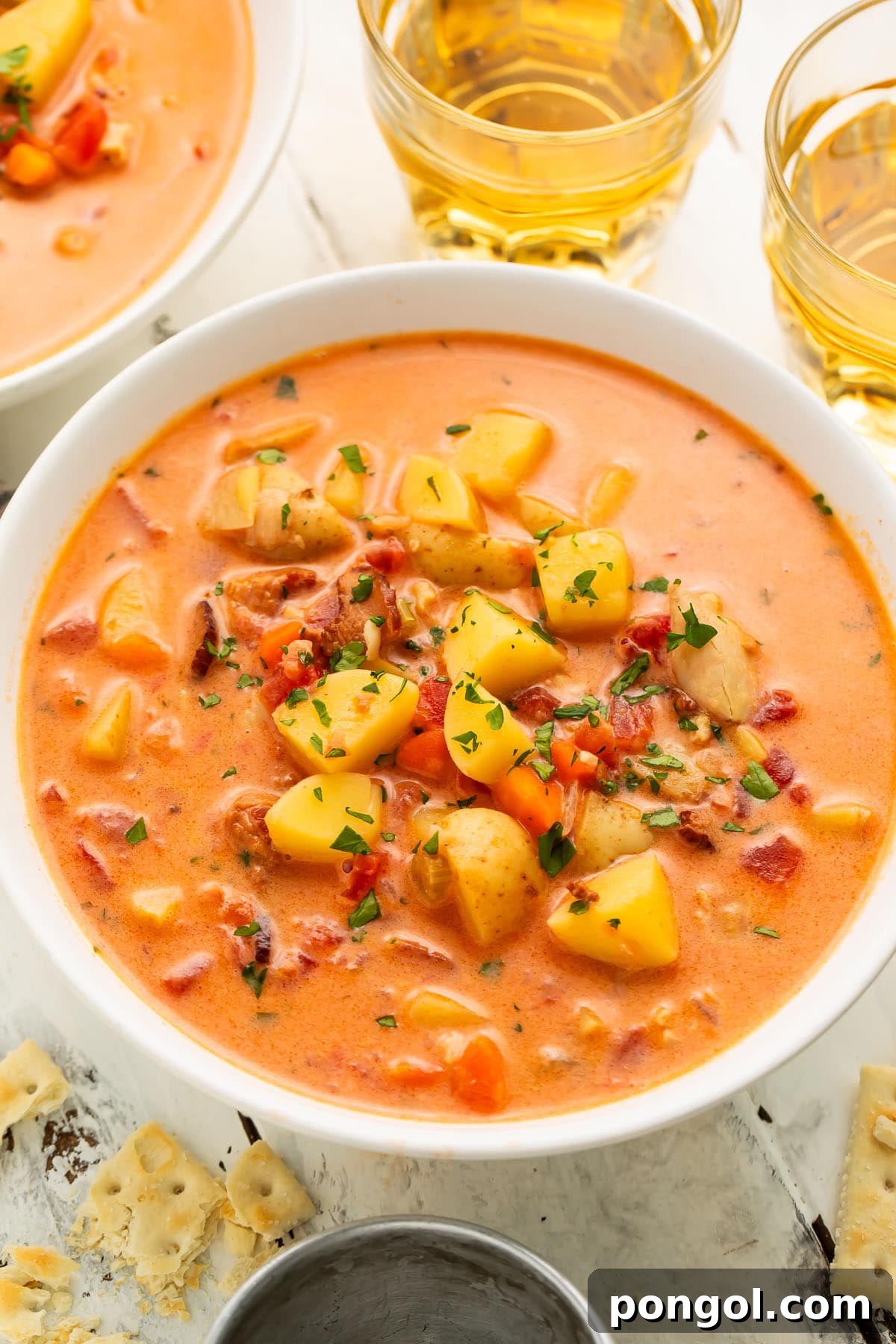 Overhead view of Manhattan clam chowder in a large white soup bowl with chunks of diced potatoes and chopped clams.