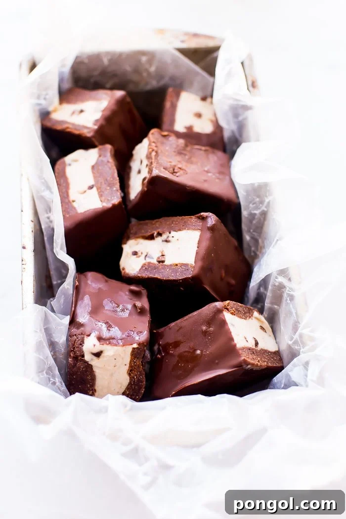 Two healthy vegan ice cream sandwiches, dipped in chocolate, presented on a light surface.