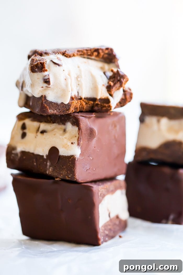 Close-up of a healthy vegan ice cream sandwich, showcasing the raw chocolate cookie and chocolate chip nice cream filling.