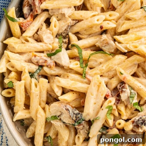 A large silver skillet of penne pasta in a sun-dried tomato cream sauce with chicken and basil.