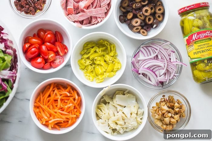 Close-up shot of the fresh ingredients used in the Paleo Italian Salad, including sliced salami and olives.