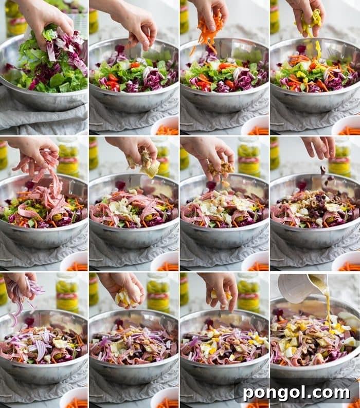 Serving of Paleo Italian Salad on a plate, highlighting the mix of greens, meats, and vegetables.