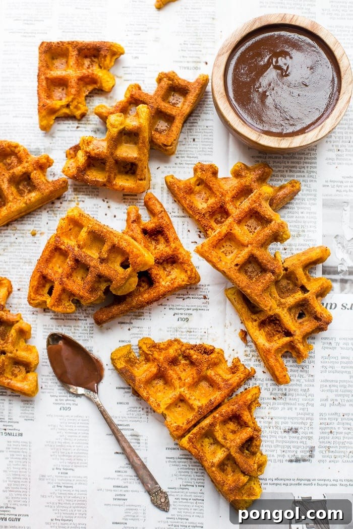 Paleo Pumpkin Churro Waffles with Dark Chocolate Drizzle 3 Close-up of golden brown Paleo Pumpkin Churros with a sprinkle of cinnamon sugar, ready to be dipped in chocolate.