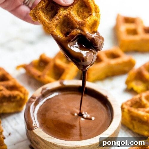 Paleo Pumpkin Churro Waffles with Dark Chocolate Drizzle 7 These paleo pumpkin churros with dark chocolate sauce are heavenly: loaded with fall flavor, crispy on the outside, tender on the inside, and made in the waffle iron! They're such a perfect paleo fall recipe because they're totally delicious but there's no frying necessary. These paleo pumpkin churros with dark chocolate sauce are a must make when it comes to paleo fall recipes!