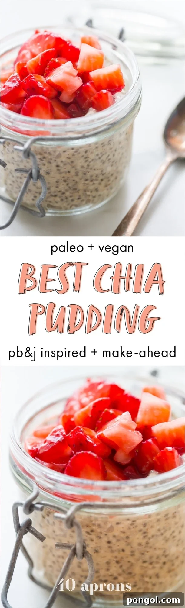 An overhead shot of multiple jars of PB&J chia pudding, showing the inviting texture and vibrant colors, perfect for a blog post or recipe feature.