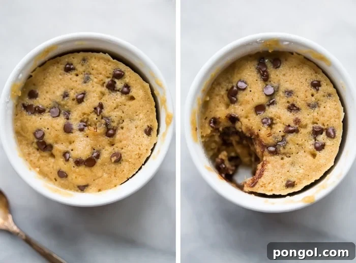 Close-up of a soft, warm paleo microwave chocolate chip cookie, showcasing its delightful texture and melted chocolate chips.