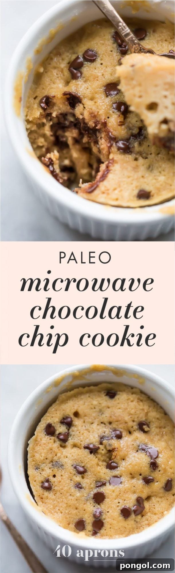 A delectable paleo microwave chocolate chip cookie presented in a ramekin, garnished with extra chocolate chips.