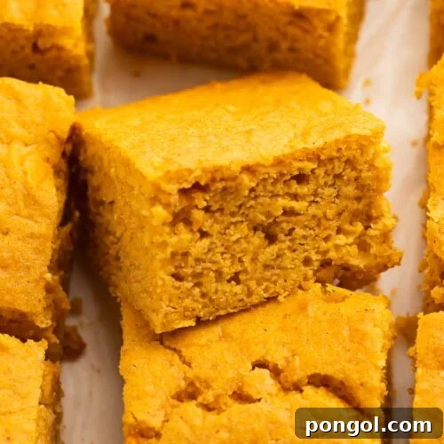 Close-up of a piece of sweet potato cornbread resting atop another piece of cornbread to better show the inside texture of the bread.