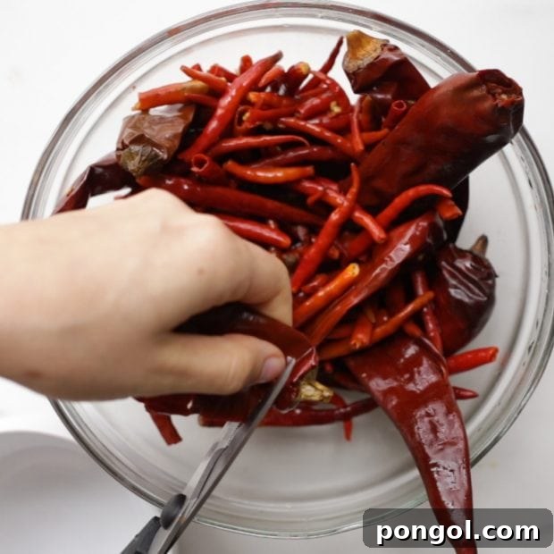 Seeds being meticulously removed from a dried and soaked chili, a key step for refining harissa's heat and texture