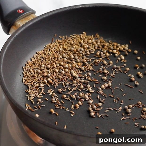 Whole spices being carefully toasted in a black skillet, releasing their aromatic oils for the harissa