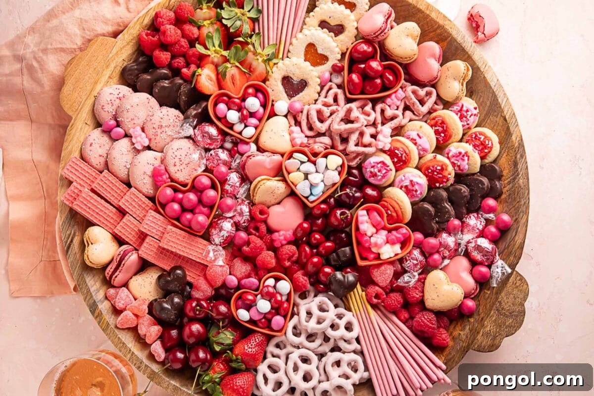 Cupid's Sweetest Board 3 A Valentine's Day themed charcuterie board filled with pink, red, and white cookies, candies, pretzels, fruits, and chocolates, showcasing a variety of sweet delights.