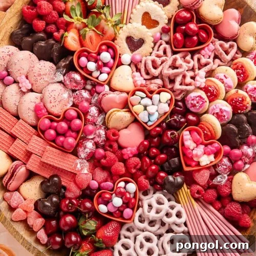 Cupid's Sweetest Board 6 A Valentine's Day themed charcuterie board filled with pink, red, and white cookies, candies, pretzels, fruits, and chocolates, featuring a single serving.