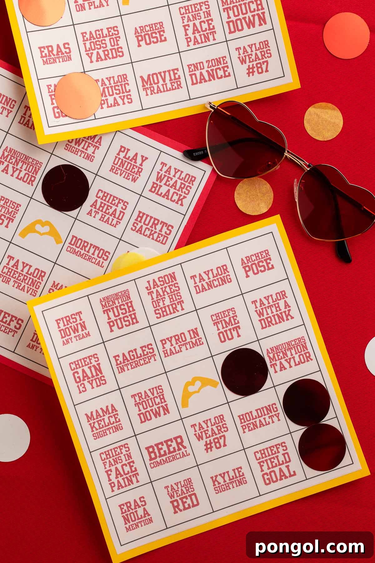 Taylor Swift Super Bowl bingo cards with football and Swiftie icons.