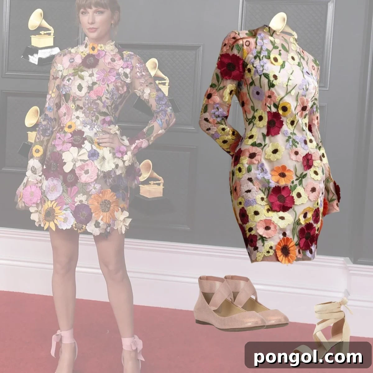 Taylor Swift 2021 Grammy flower dress outfit, elegant and whimsical.