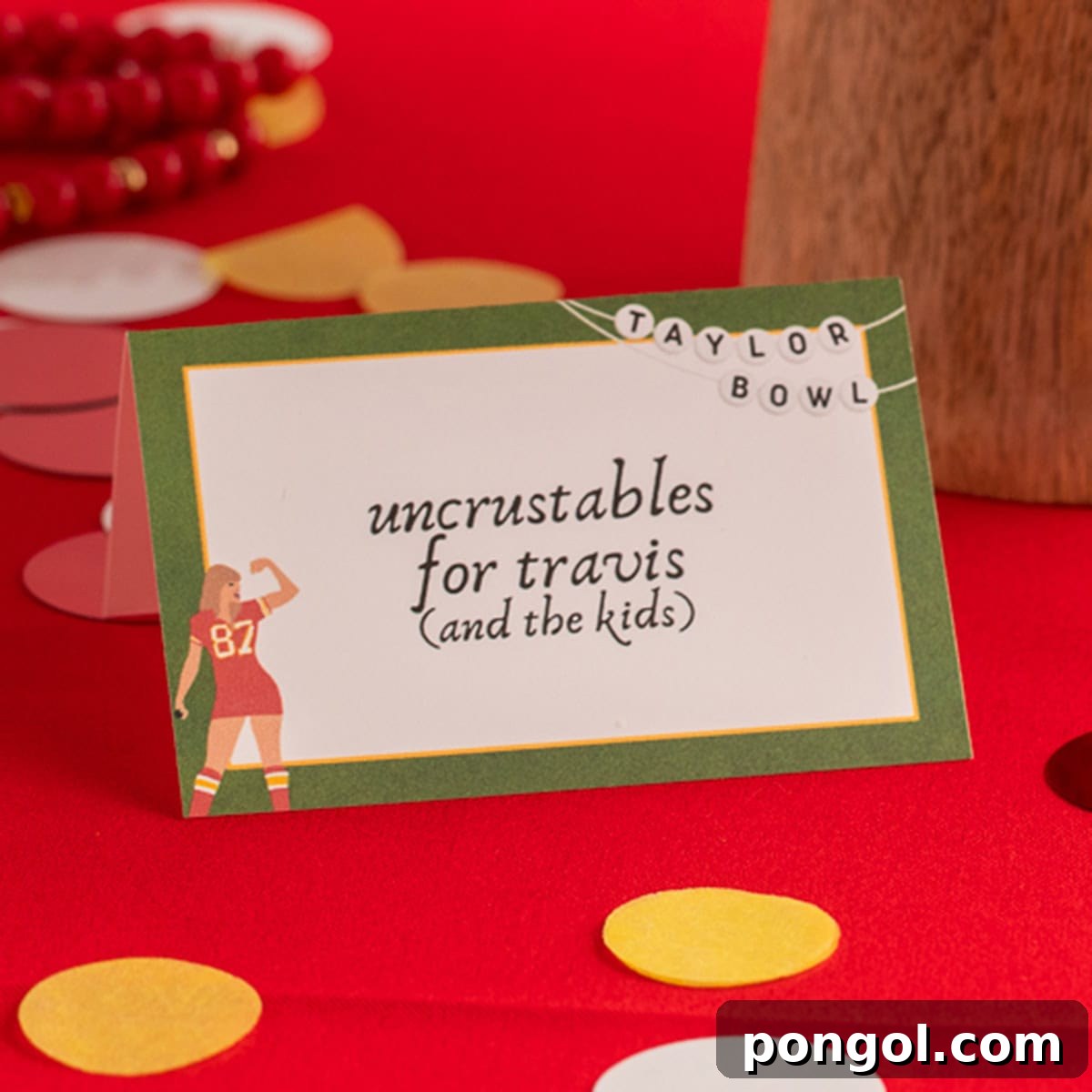 Taylor Swift Super Bowl Party Uncrustables table tent, indicating a fun themed snack.