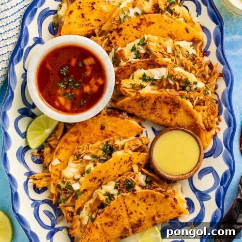 Chicken birria tacos arranged on a blue and white platter.