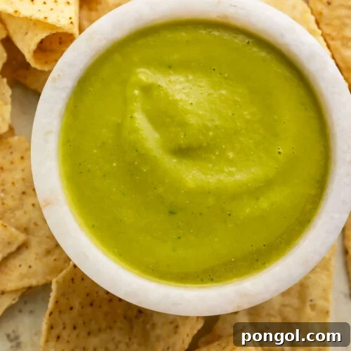 Overhead photo of a white stone bowl holding vibrant green jalapeno salsa, surrounded by tortilla chips.