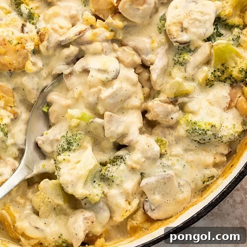 Whole30 chicken and broccoli casserole in cast iron skillet with creamy sauce and spoon