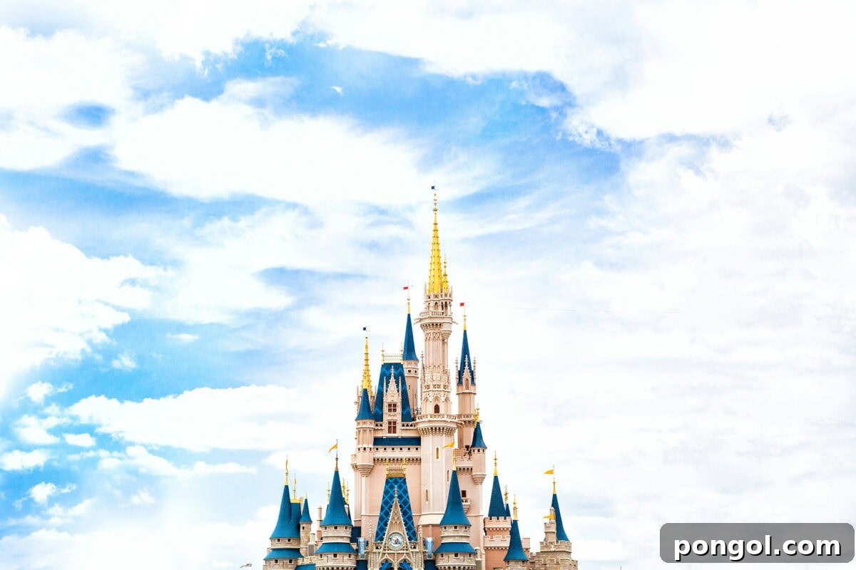 Cinderella Castle under a cloudy sky.