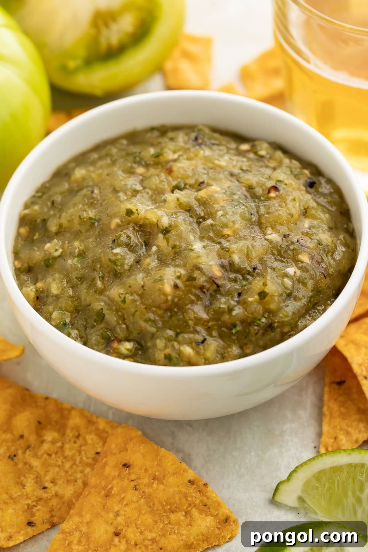 A beautifully presented bowl of chunky green tomato salsa, surrounded by crisp white corn tortilla chips, ready for dipping.