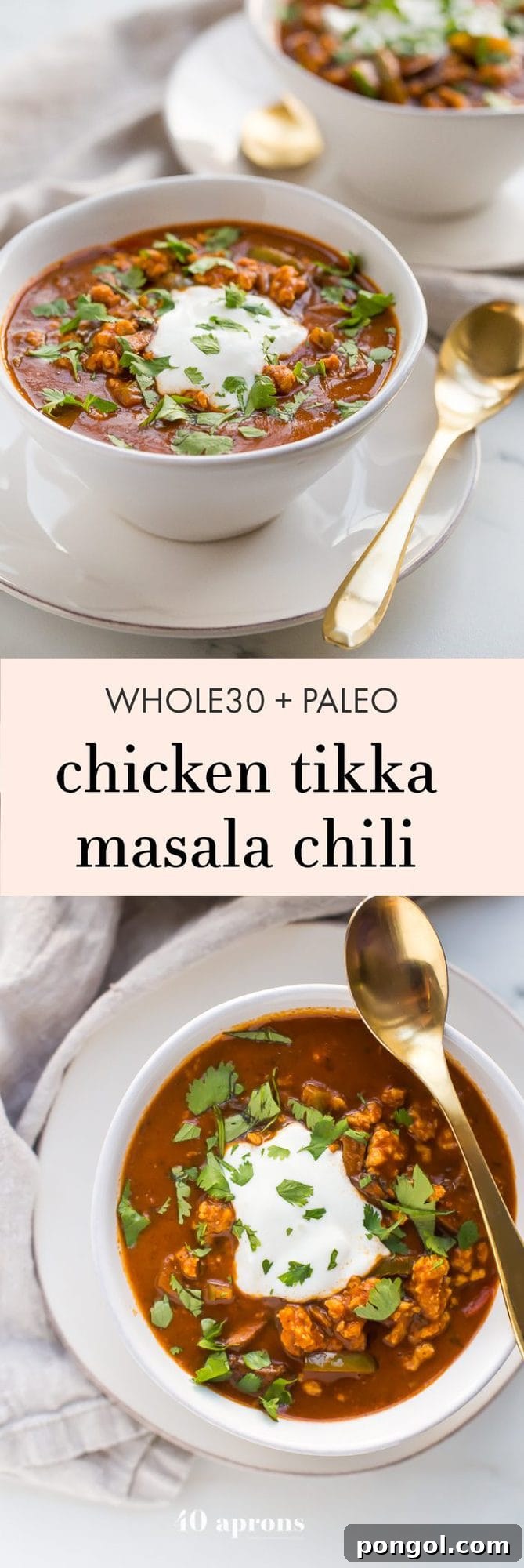 Hearty Whole30 Paleo Chicken Tikka Masala Chili 11 This chicken tikka masala chili is the stuff your dreams are made of. This Whole30 chili has a rich and creamy tomato sauce, with beautiful caramelized onions, garlic, and chiles, loaded with tender ground chicken and veggies. Inspired by my beloved chicken tikka masala recipe, this chicken tikka masala chili is a must make for fall! It'll surely become your favorite Whole30 chili, too.