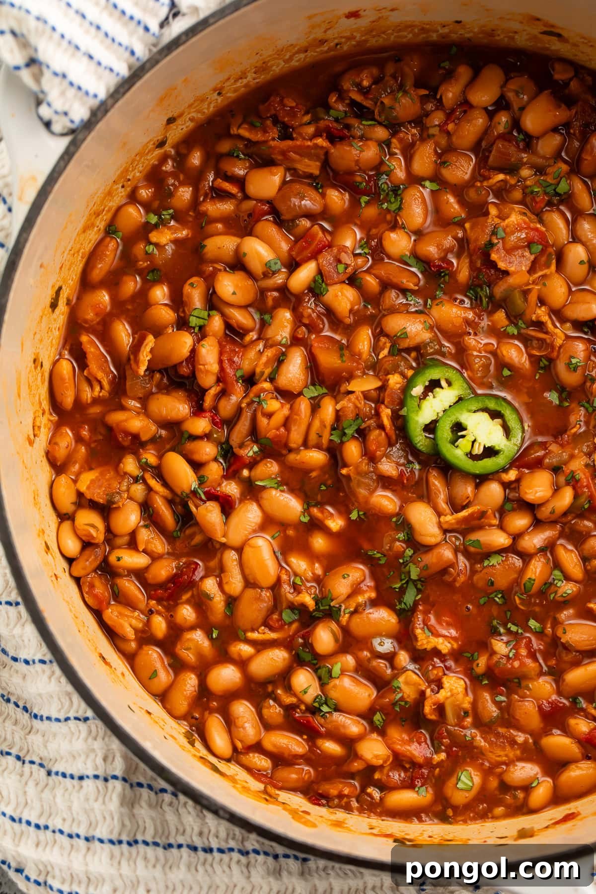A large pot of charro beans, rich and hearty, topped with fresh jalapeño slices and cilantro.