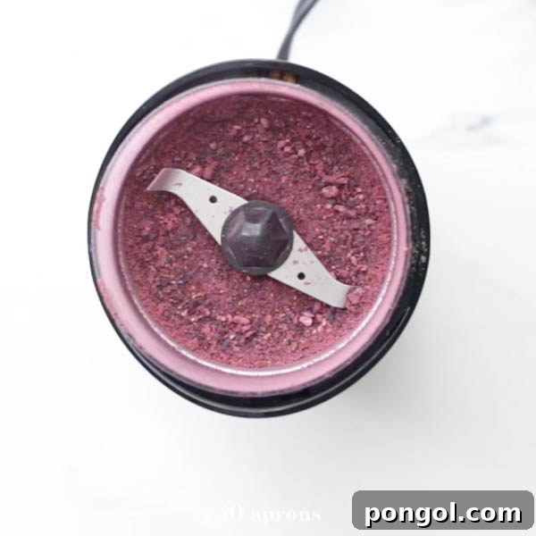 Grind freeze-dried blueberries