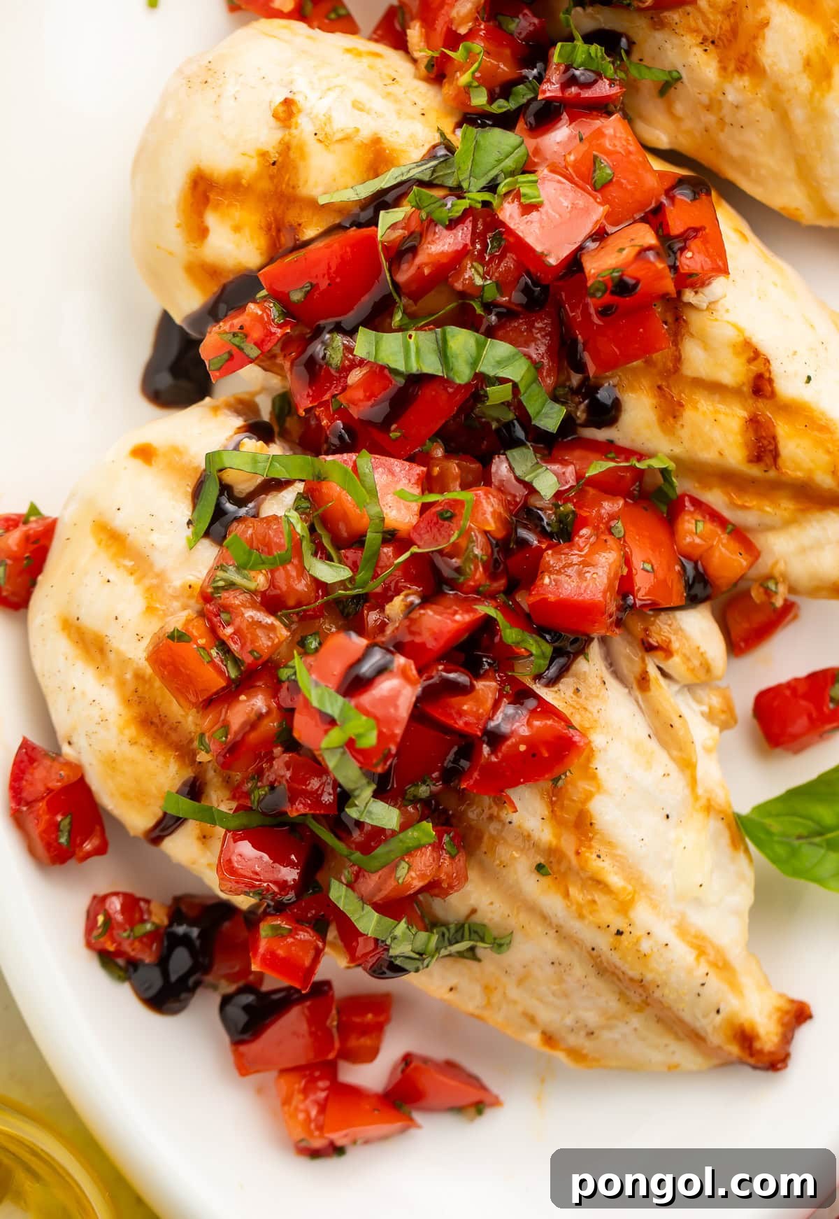 Close up of perfectly cooked chicken breasts with a fresh, vibrant bruschetta topping on a pristine white plate, garnished with basil.