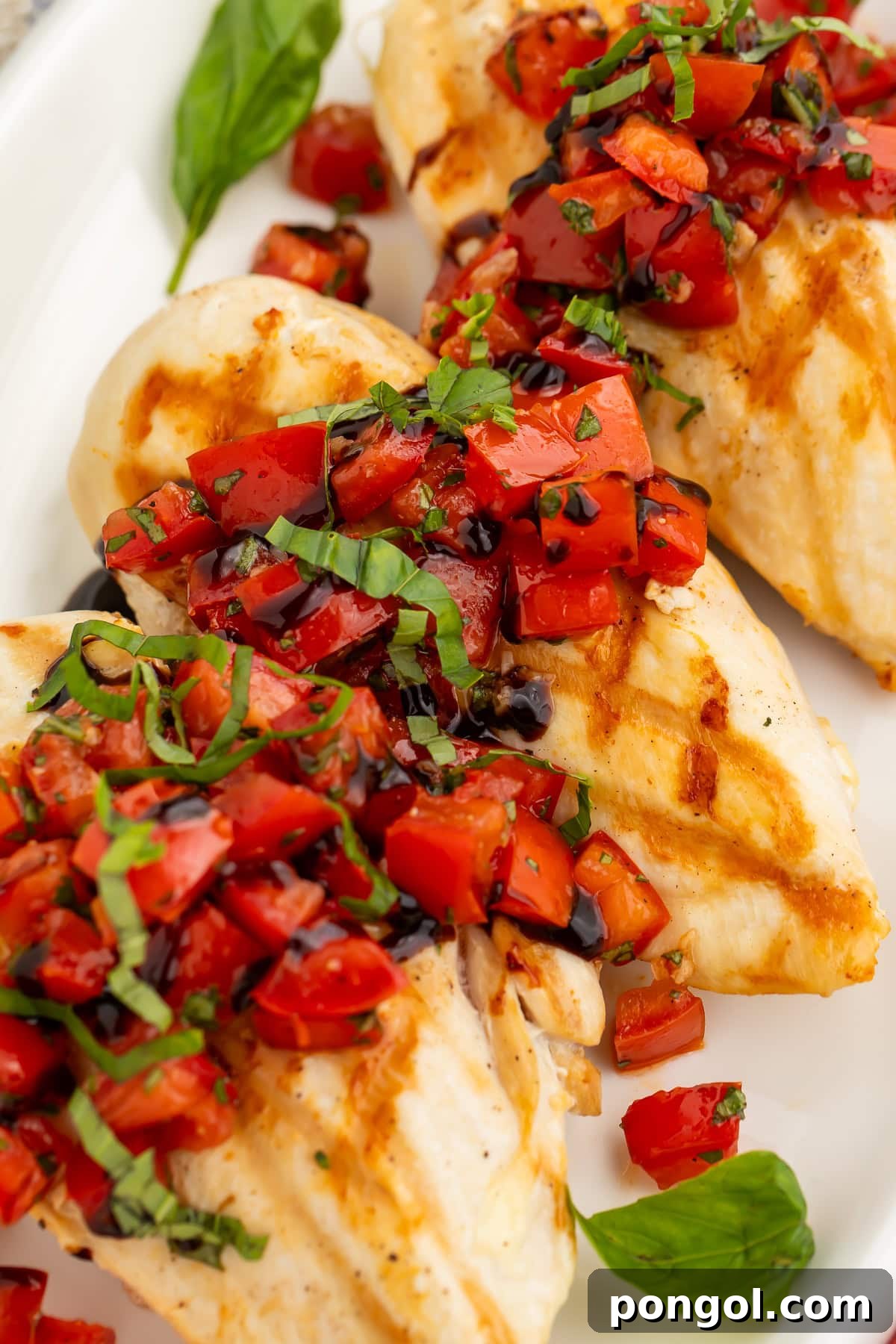 Close up of bruschetta chicken breasts sprinkled with sliced basil. 