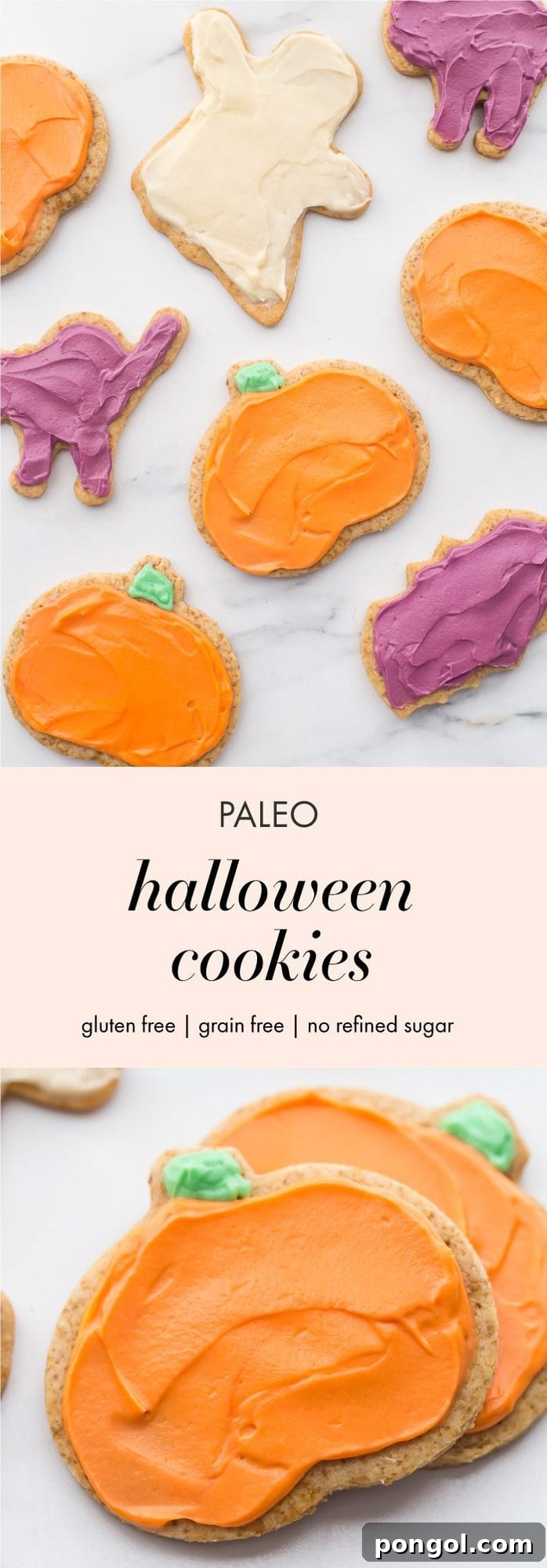 A selection of paleo Halloween cookies in ghost and bat shapes, artfully arranged on a bed of dry ice to create a spooky, mystical effect, highlighting their festive appeal.