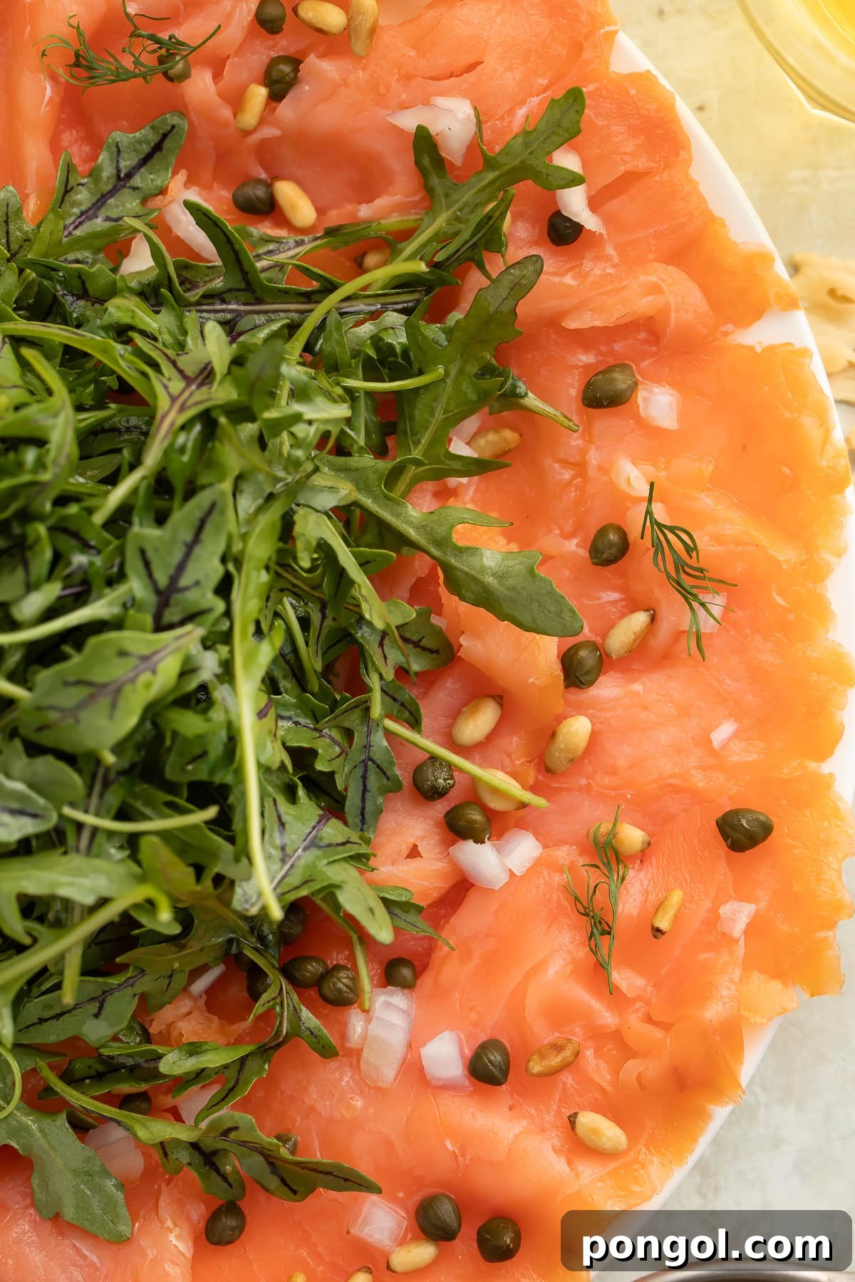 Elegant salmon carpaccio with arugula, capers, and pine nuts on white plate