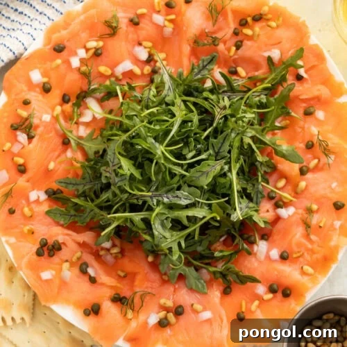 Brown butter ponzu salmon carpaccio with sliced jalapeños and glossy sauce