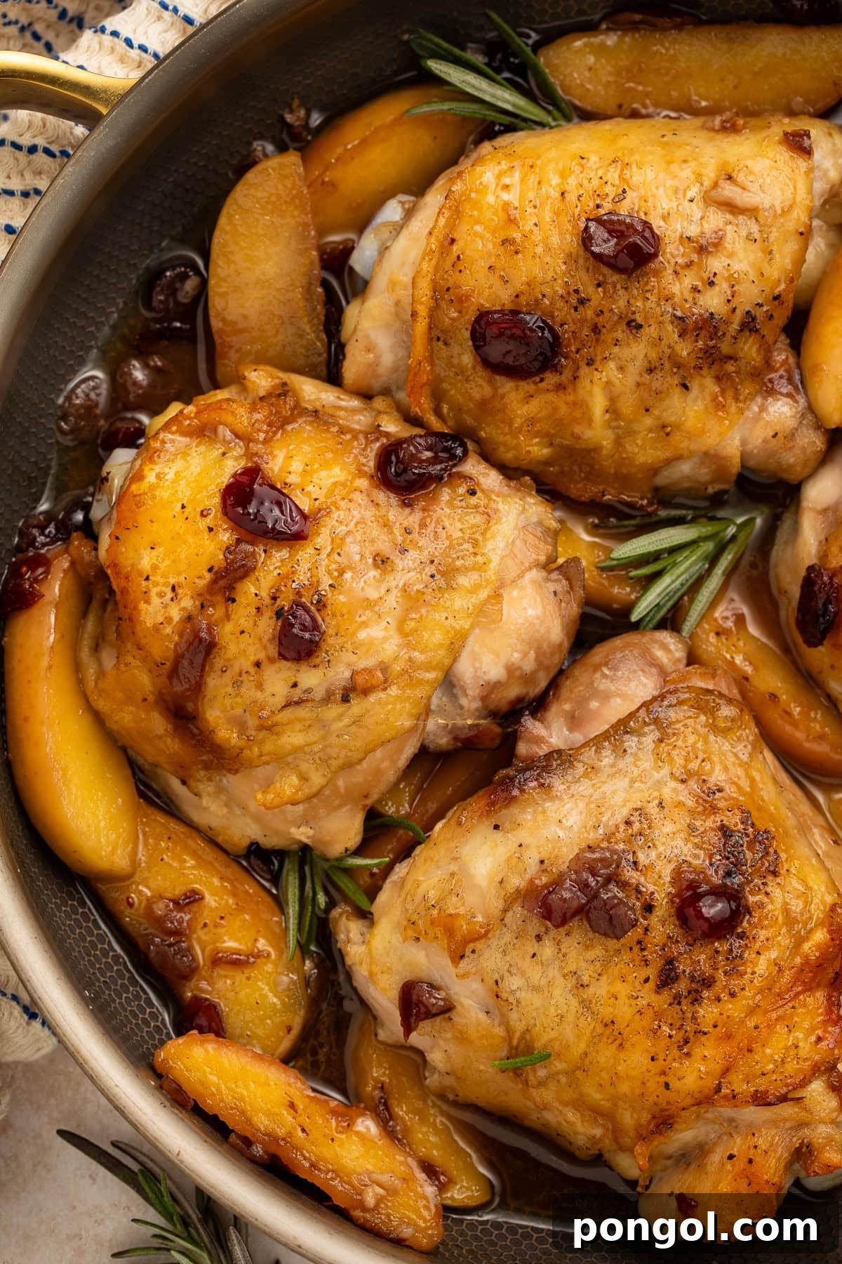 Paleo chicken thighs with caramelized apples, cranberries, and rosemary in a glossy pan sauce, served in a cast-iron skillet.