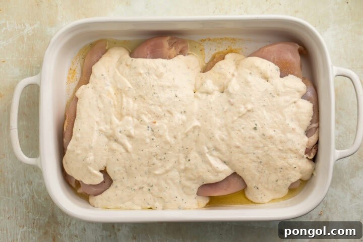 Chicken breasts covered in creamy ranch sauce ready for oven