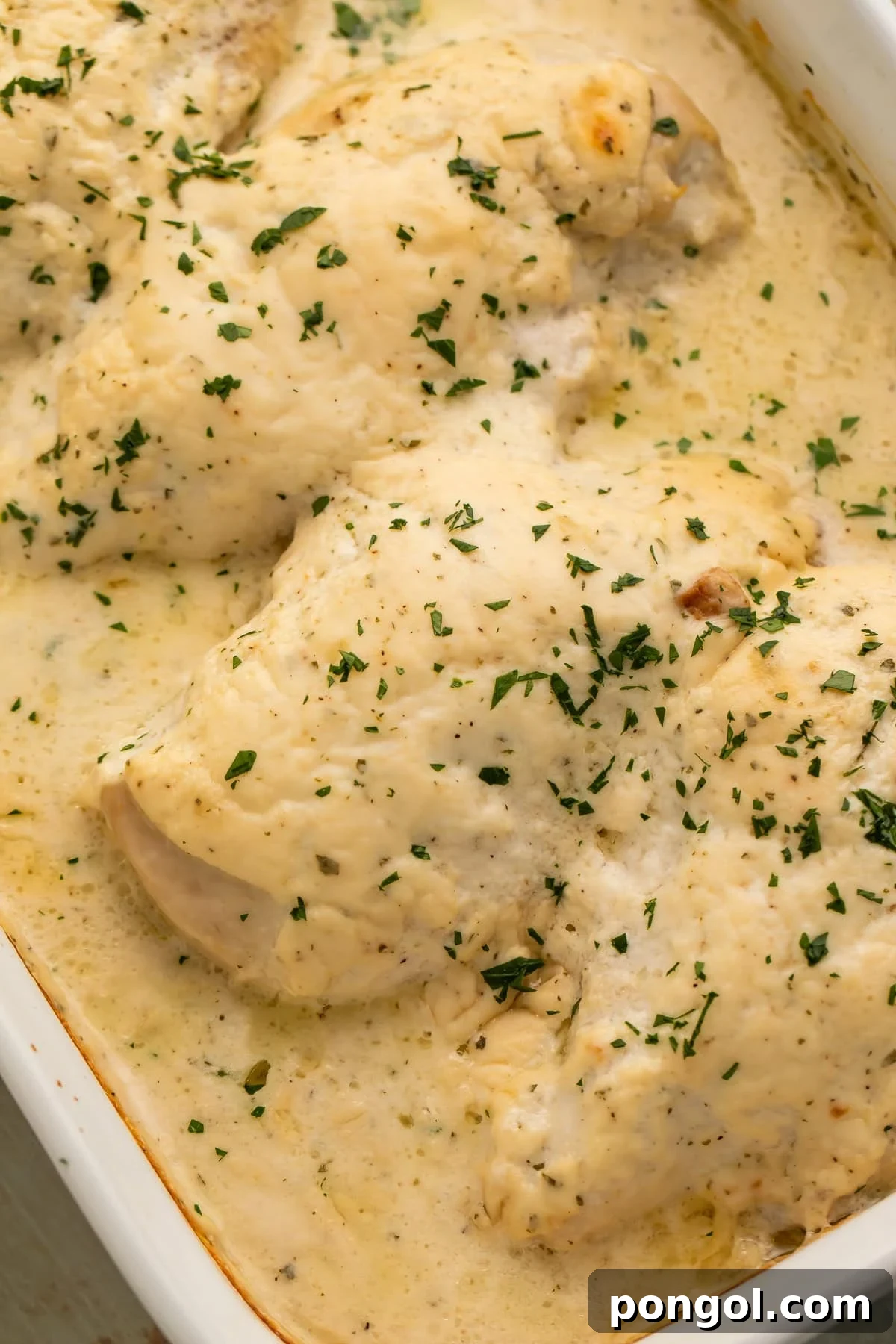 Close-up of baked creamy ranch chicken with a rich, bubbling sauce.