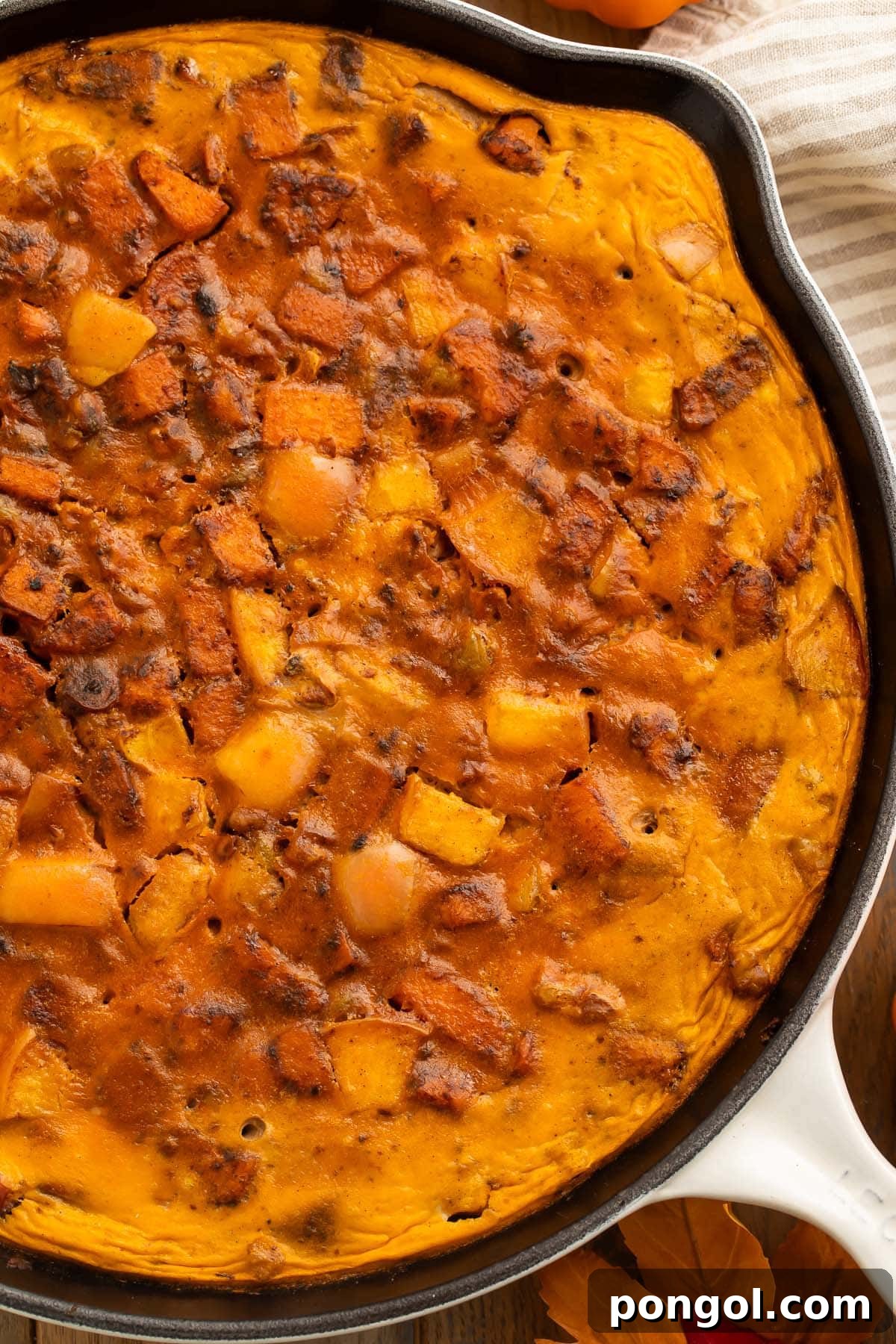 Warm Spiced Paleo Pumpkin Morning Bake 2 A large cast-iron skillet holding a fully-baked paleo pumpkin breakfast bake, loaded with sweet potatoes, apples, walnuts, and eggs.