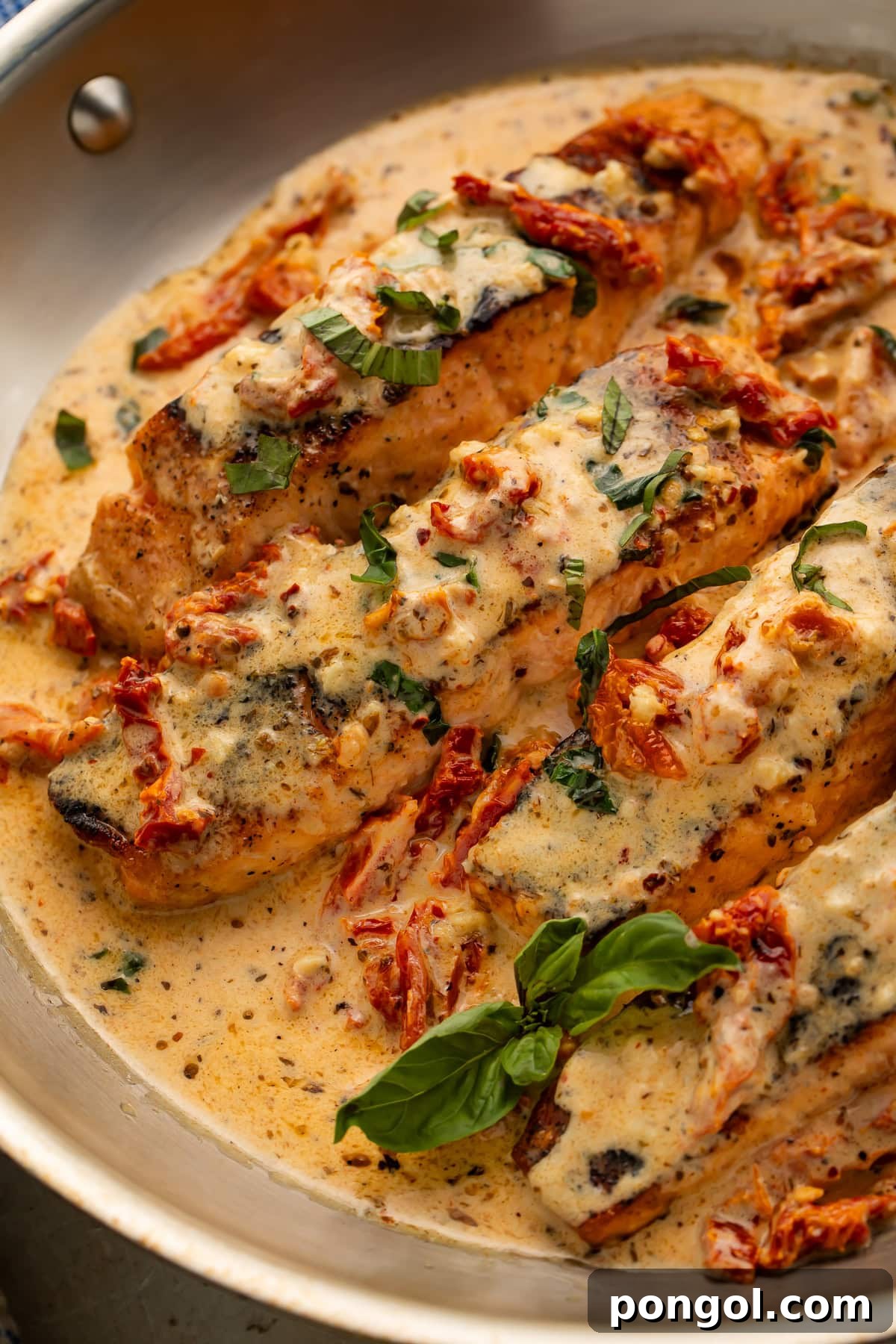 Close-up of marry me salmon with melted parmesan cream sauce and fresh basil garnish, ready to serve.