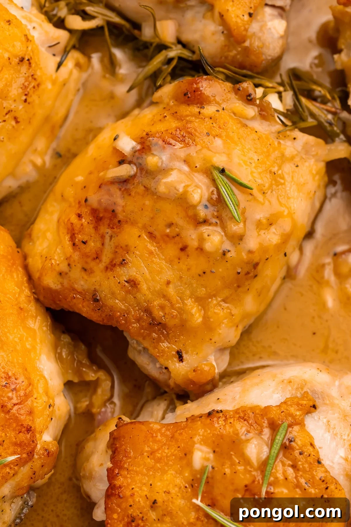 Sticky Maple Dijon Chicken Thighs 4 Close-up of maple dijon chicken thighs with golden crispy skin and fresh rosemary, simmering in bubbling sauce in a skillet.