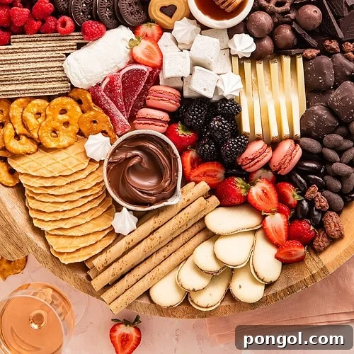 Overhead view of dessert charcuterie board with chocolates, cookies, fresh strawberries, raspberries, blackberries, cheese, honey, pretzels, and waffle cookies on wooden board.