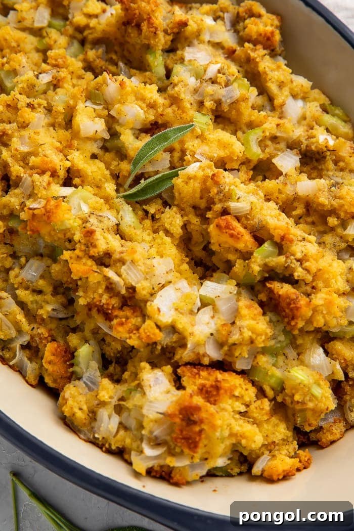 Cornbread stuffing in a large blue casserole dish