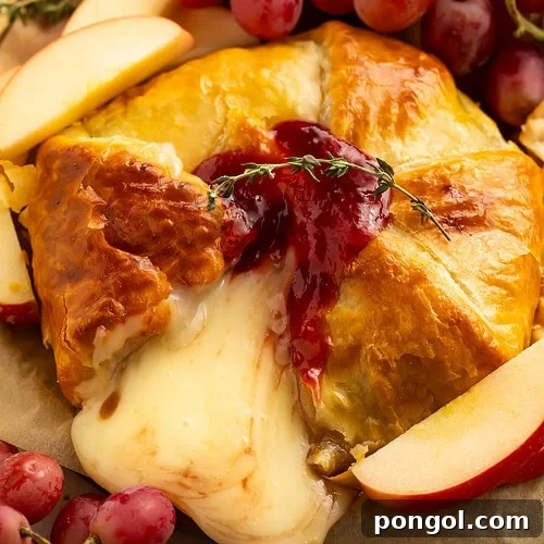 Golden brown brie en croute with melted cheese oozing out, topped with raspberry jam and fresh thyme, surrounded by grapes and apple slices.