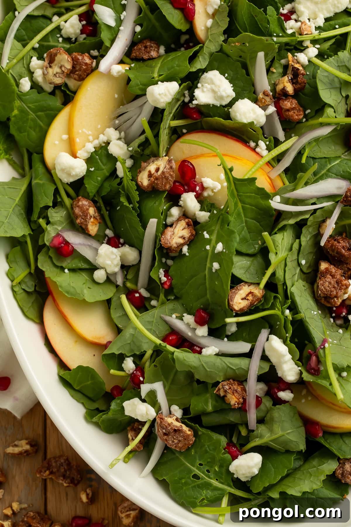 Close up overhead view of Christmas salad with arugula, apple slices, pomegranate arils, goat cheese, and candied pecans.