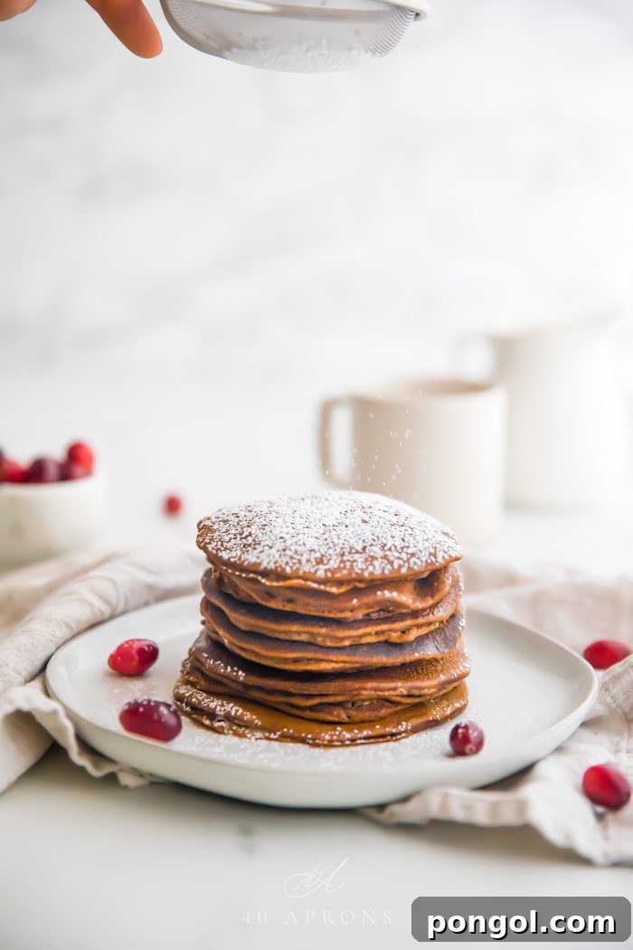 Stack of paleo gingerbread pancakes on a white plate with powdered sugar on top and fresh cranberries as garnish