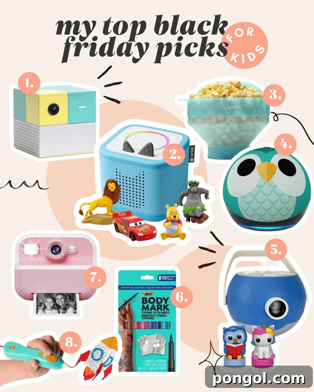 Collage of top Black Friday picks for kids featuring creative toys, activity kits, and kid-friendly gadgets.