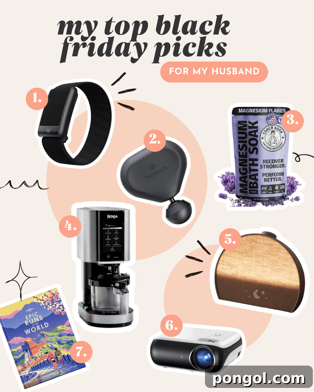 Collage of top Black Friday gifts for husbands showcasing gadgets, wellness tools, and practical home items.